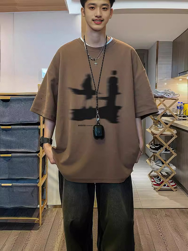 Brown Heavy Short-sleeved T-shirt Men's American Style Retro Loose 5-point Sleeve Clothes for High School Students Niche Couple Half-sleeved Trendy Brand