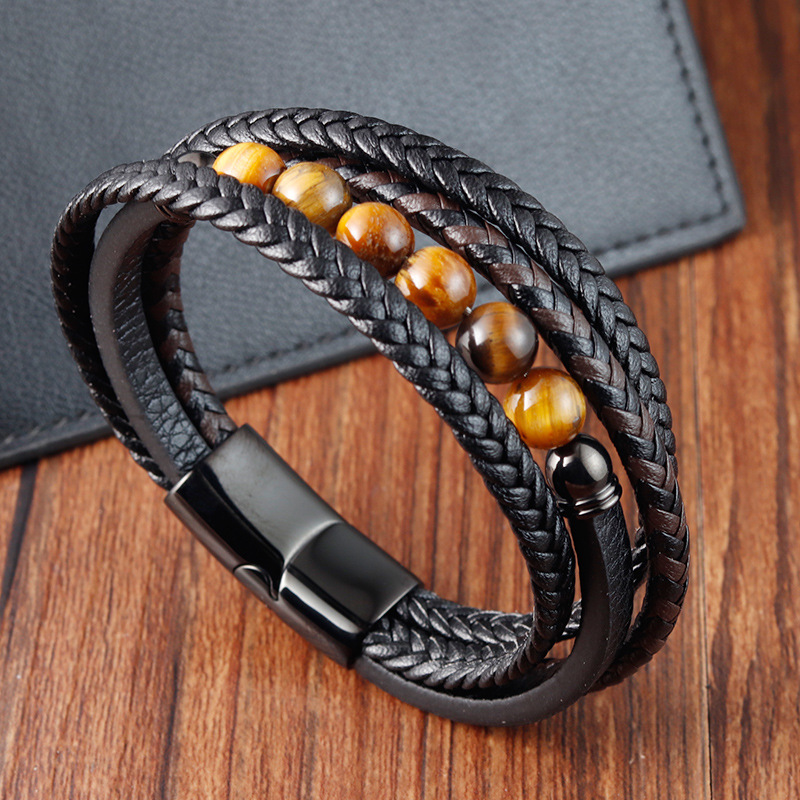 35g Weight wristband Classification Pu Leather Chain Material Woven Chain Chain Type Street Occasion Pu Leather, natural stone Material Geometric Pattern Men's Gender Polishing Design Vintage Style, Streetwear Style Vintage Style Streetwear Geometric Pu Leather Natural Stone Polishing Men's Wristband Men Cord & Leather Bracelets 5
