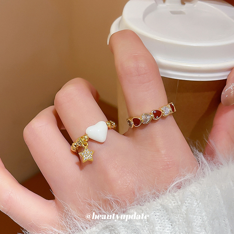 Bague ouverte en or véritable plaqué or avec zircon en forme de cœur et goutte d'huile, pour femme. Bague polyvalente et élégante pour l'index, à la fois tendance et simple._voghion.com