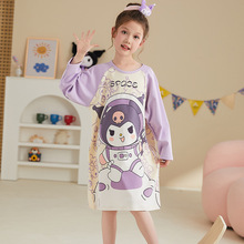 女童睡裙长袖纯棉春秋季中大童女孩卡通可爱库洛米儿童睡衣家居服