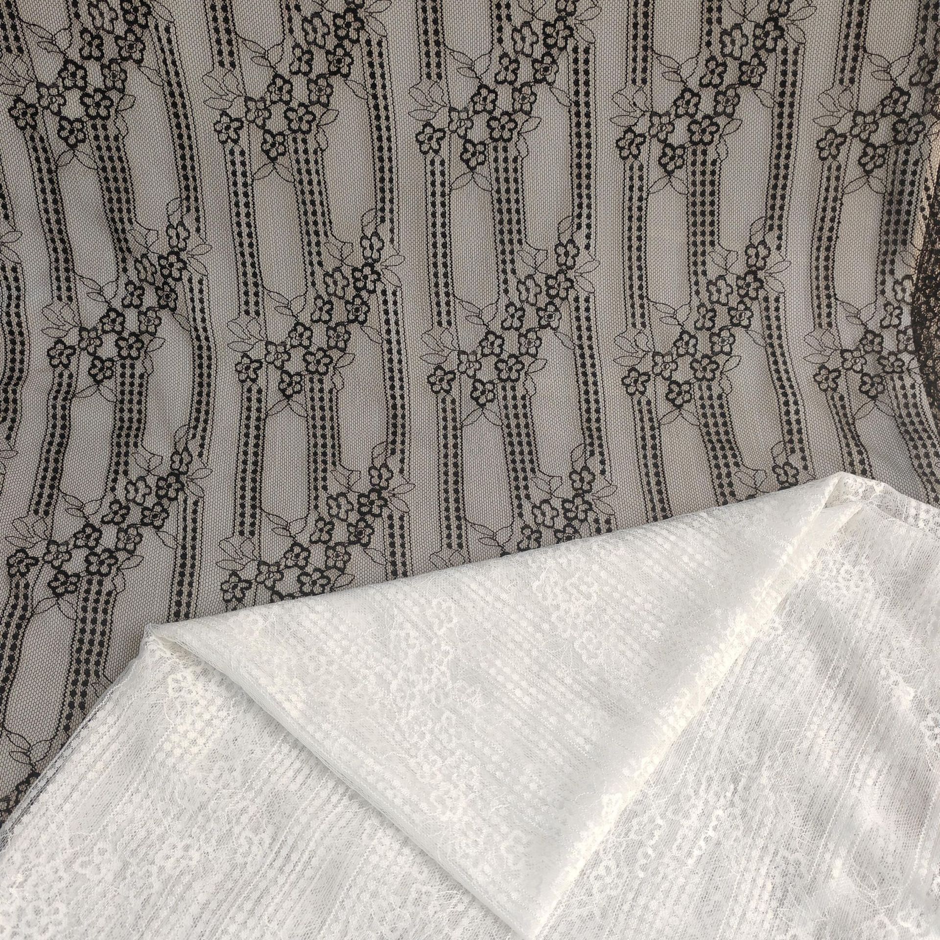 新款~锦氨弹力柔软亲肤竖纹亮光丝花朵波浪边提花网布 裙装等面料