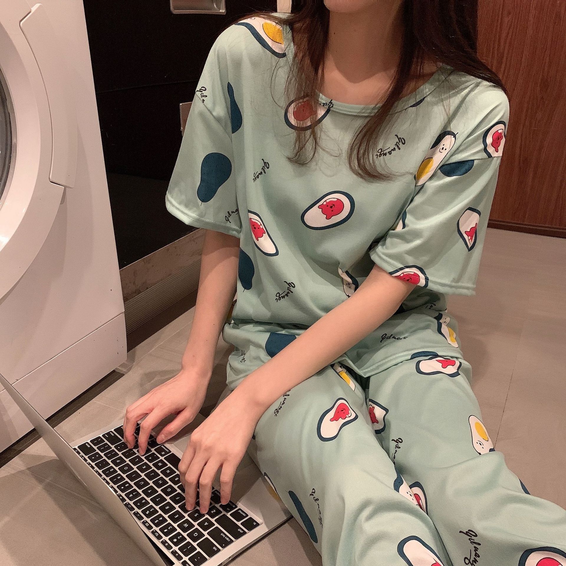 Pijamas primavera y otoño de las mujeres de verano Pantalones de manga corta más el tamaño flojo estilo coreano fresco lindo estudiante dulce traje de desgaste para el hogar