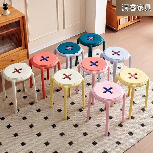 Plastic Button Stools for Home Use, Stackable Dining Stools, Dopamine Modern Minimalist Style, Sturdy and Durable, Restaurant Round Stools, Benches