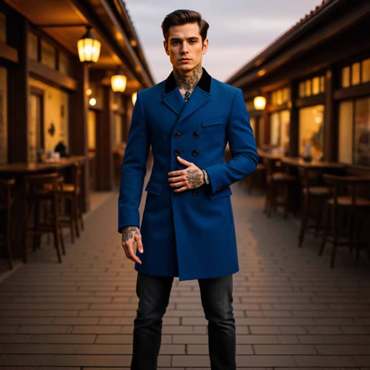 2026 European and American Autumn and Winter Color-Blocked Woolen Coat for Men, Cross-Border Thickened Dragon and Phoenix Woolen Trench Coat with Double-Breasted Buttons