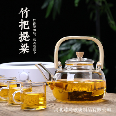 定制玻璃提梁壶透明高硼硅玻璃茶壶珍珠棉包装带把耐热玻璃煮茶壶|ru