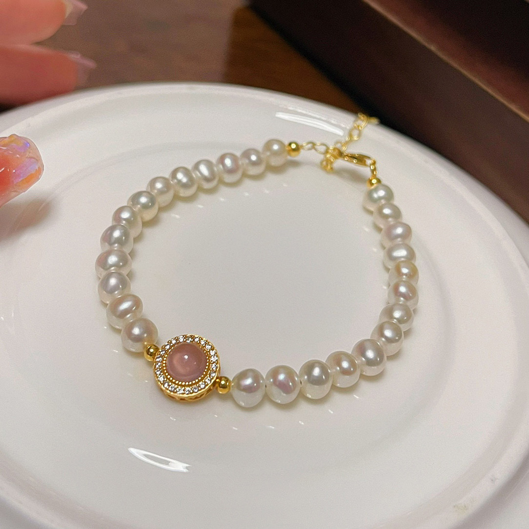 粉玉髓S925纯银天然淡水珍珠手链女小红书同款轻奢