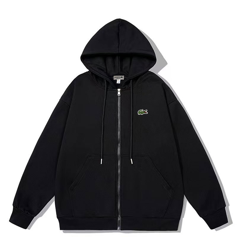 Men's hooded zip-up sweatshirt for spring and autumn, solid color loose jacket with embroidered crocodile, trendy casual cardigan top