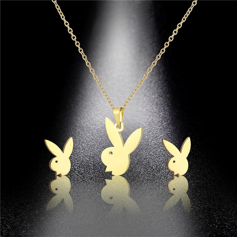 Шипы Авеню Золотой Cartoon Rabbit подвеска набор - ожерелье из нержавеющей стали и брелок, Элегантный дизайн