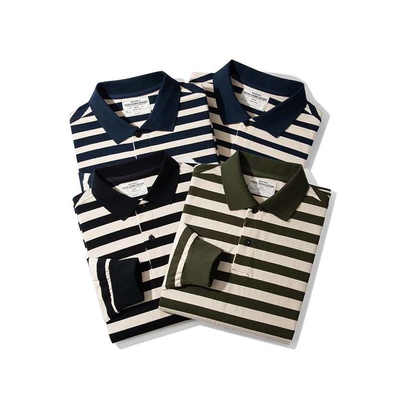 OKONKWO ameikaji 230g grueso pesado solapa camiseta mar espíritu camisa retro rayas manga larga polo camisa