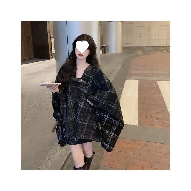 风黑色中长款格子毛呢外套女秋冬宽松百搭小个子斗篷披肩大衣|undefined