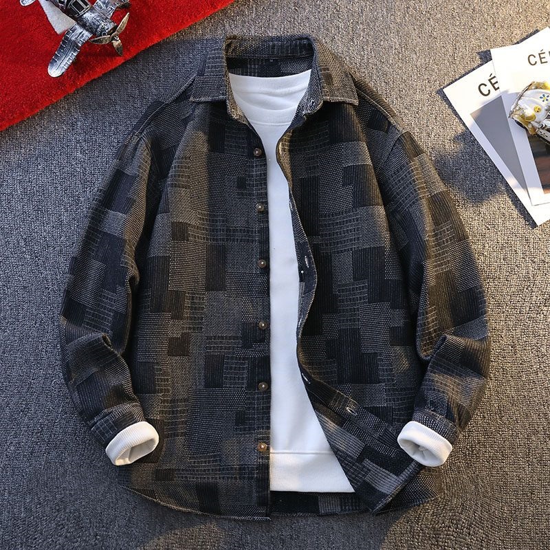 Spring/Autumn Denim Work Shirt, Retro Casual Versatile Outerwear Plaid Shirt, Loose Long Sleeve, Cool and Stylish Men's Jacket