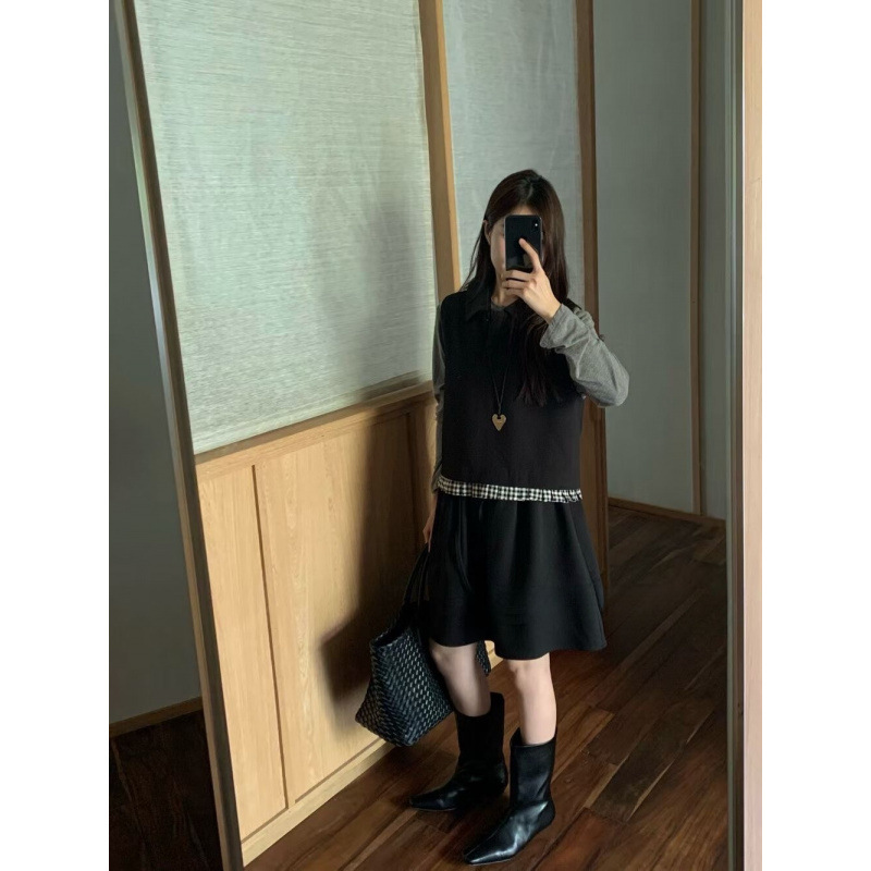 现货～韩系2025秋季学院风娃娃领马甲+花边半身裙套装|undefined