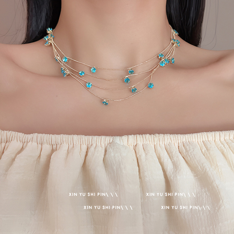 Multi-layer Gipsophila Blue Necklace Women's Light Luxury Niche Design Flash Collar Chain Fashionable Elegant Cool Necklace Chain