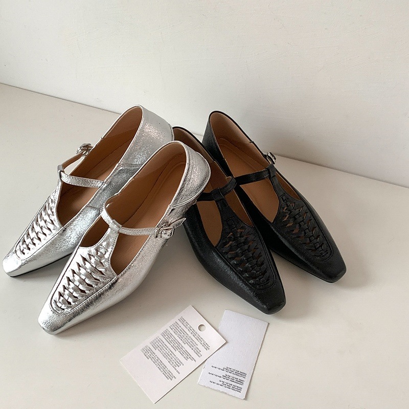 Giày Mary Jane nữ đan T-Strap da thật mũi vuông đế bệt — màu đen, bạc chi tiết 87
