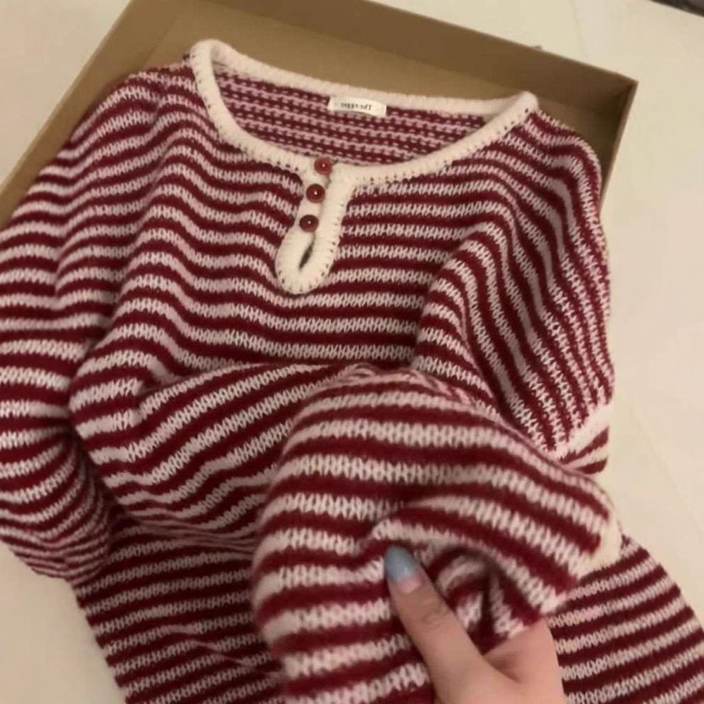 Fresh Autumn New Loose Round Neck Long-Sleeved Knitwear for Women, Lazy Style Stripesd Bottoming Knitwear, Versatile Tops for Women