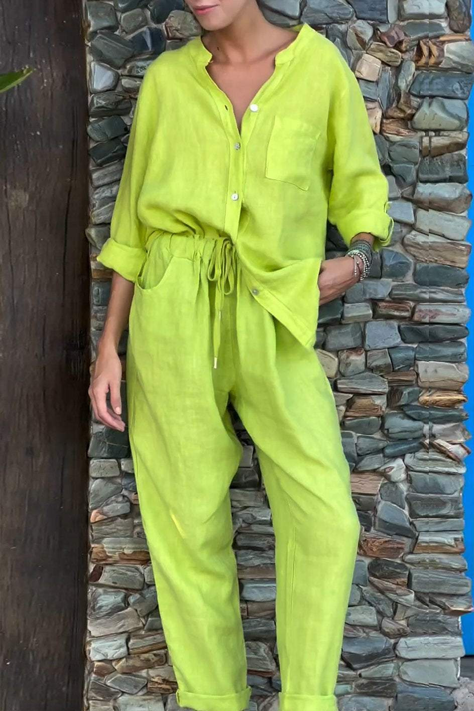 Women's Clothing 2024 Summer New Women's 2 piece Set Large Size Cotton and Linen Shirt Set High Waist Loose Trousers_voghion.com