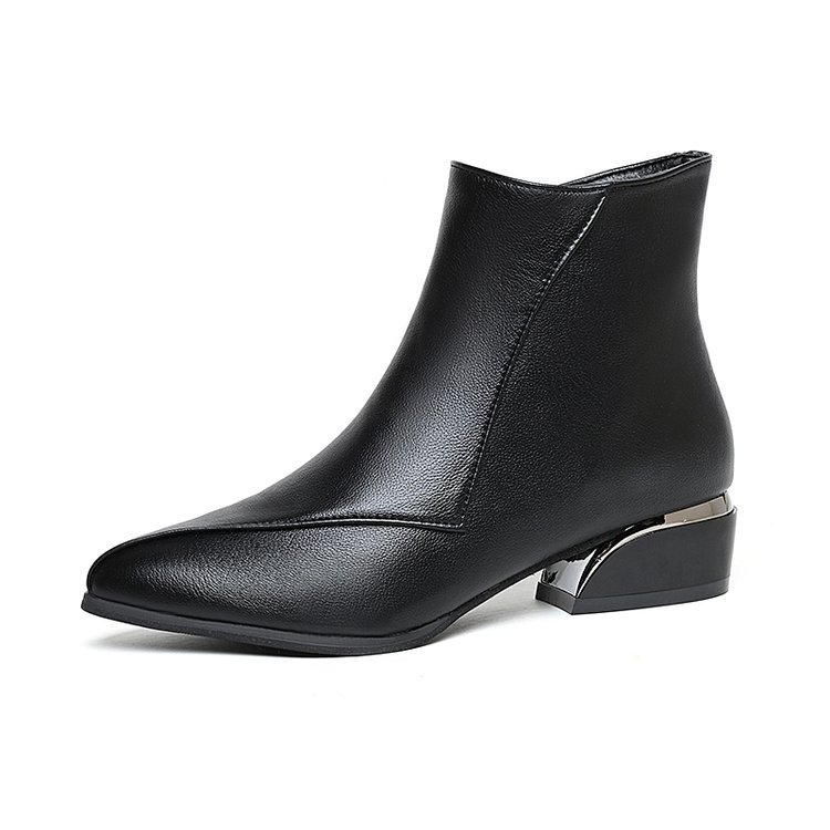 Women's Genuine Leather Short For Autumn And Winter, New Style, Pointed Toe, Low Soft Leather, Fleece-lined, Martin_vogvips.com