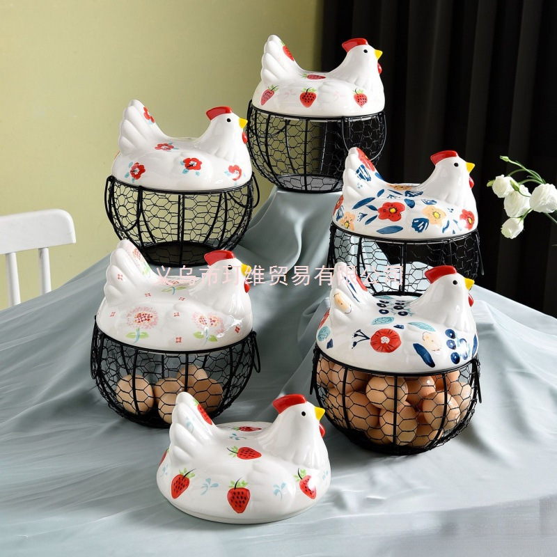 Multifunctional Iron Blue Egg Storage Basket Ceramic Kitchen Garlic Ginger Sundries Storage and Organizing Hen Basket