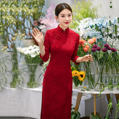 紅色國風中式日常改良旗袍2025新款年輕款女復古修身中長袖春秋裝