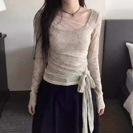 韩系不对称系带斜领长袖T恤女早春季新款百搭修身显瘦打底衫上衣