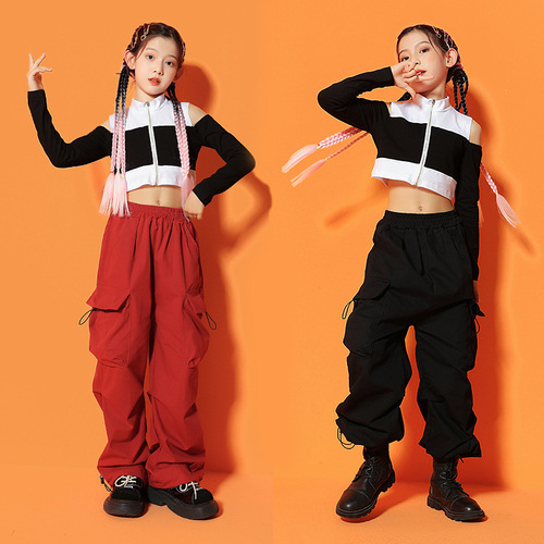 Children girls street hiphop rapper jazz dance costumes girls trendy cool fashionable navel suits modern dance group dancer hip-hop performance outfits for girls