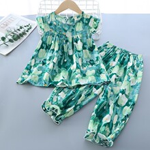 儿童夏季绵绸人造棉套装女童睡衣家居服宝宝薄款背心七分裤两件套