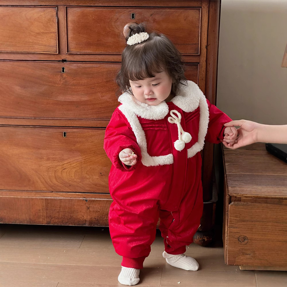 Ropa de invierno para bebé, lindo abrigo de algodón grueso cereza, ropa de año nuevo para bebé, ropa roja de año nuevo, ropa exterior, mono de año nuevo