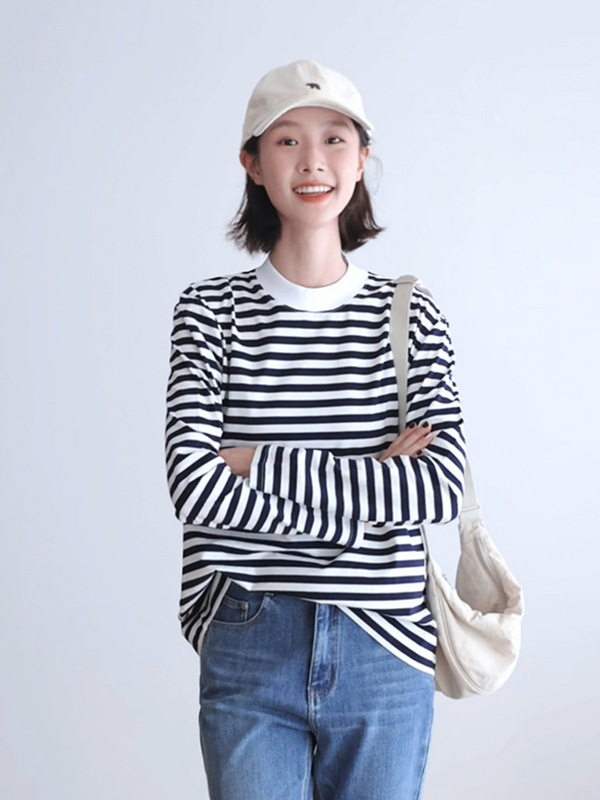 纯棉软糯条纹长袖女T恤半高中领宽松显瘦休闲外穿经典海魂打底杉|undefined
