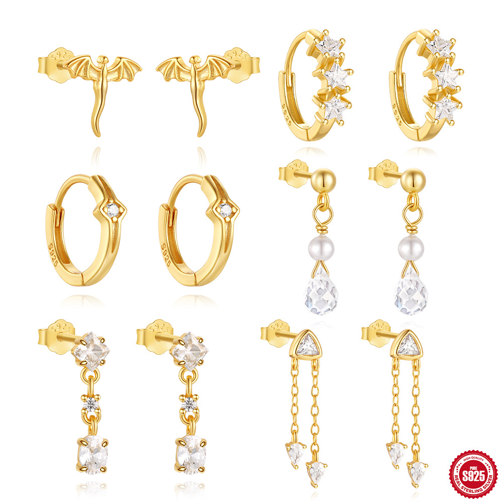 Pendientes de murciélago retro con personalidad de Halloween de plata de ley s925, alas simples, uñas de hueso de oreja, pendientes góticas