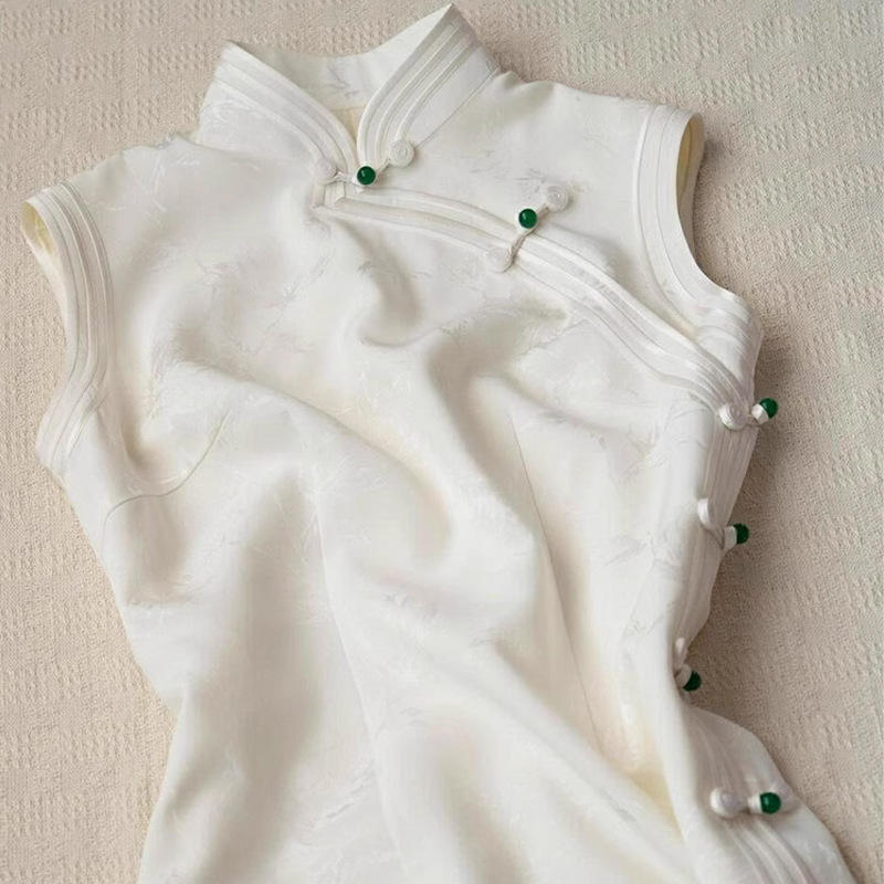 New Chinese-Style White Sleeveless Dress for Women, Summer Waist-Cinching Retro National Style Improved Cheongsam Mid-Length One-Step Dress