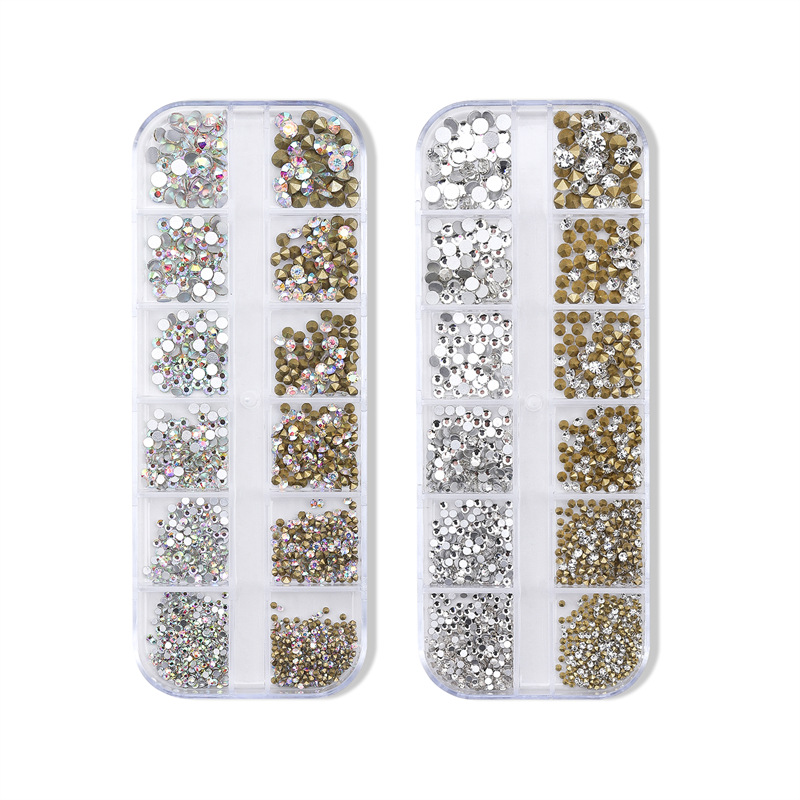 Caja larga de 12 cuadros para uñas y joyas de diamantes de imitación fondo plano plano transparente diamante AB manicura mezcla de diamantes decoración de diamantes de uñas