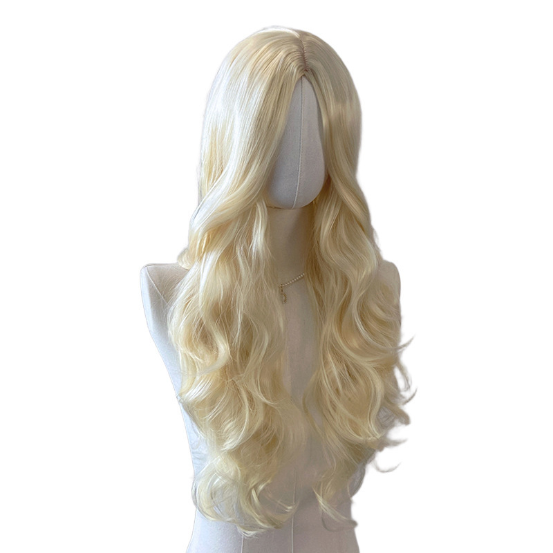 外国貿易スポットゴールドロングカーリーヘアウィッグ、クロスボーダー欧米女性用ミディアム分け目ビッグウェーブ化学繊維ヘッドギア、メーカー卸売|undefined