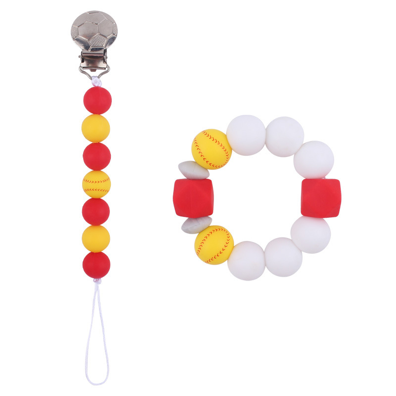 Bebé DIY creativo fútbol patrón chupete clip de dibujos animados fútbol cuentas de silicona chupete cadena mordedor traje de dos piezas conjunto