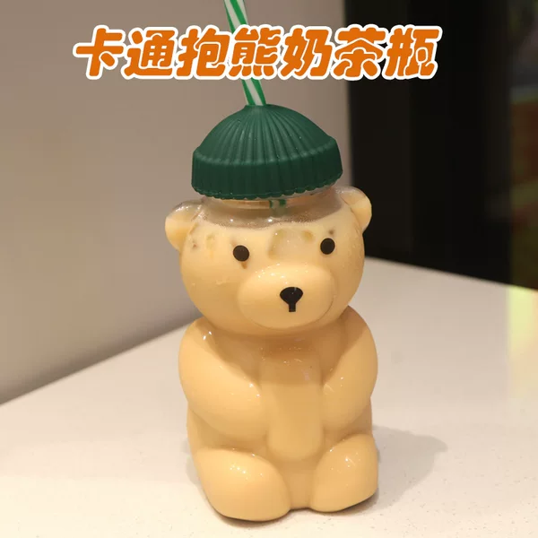 Manufacturer's In-Stock Plastic Bear-Shaped Milk Tea Beverage Cup Disposable Cup with Green Lid for Christmas