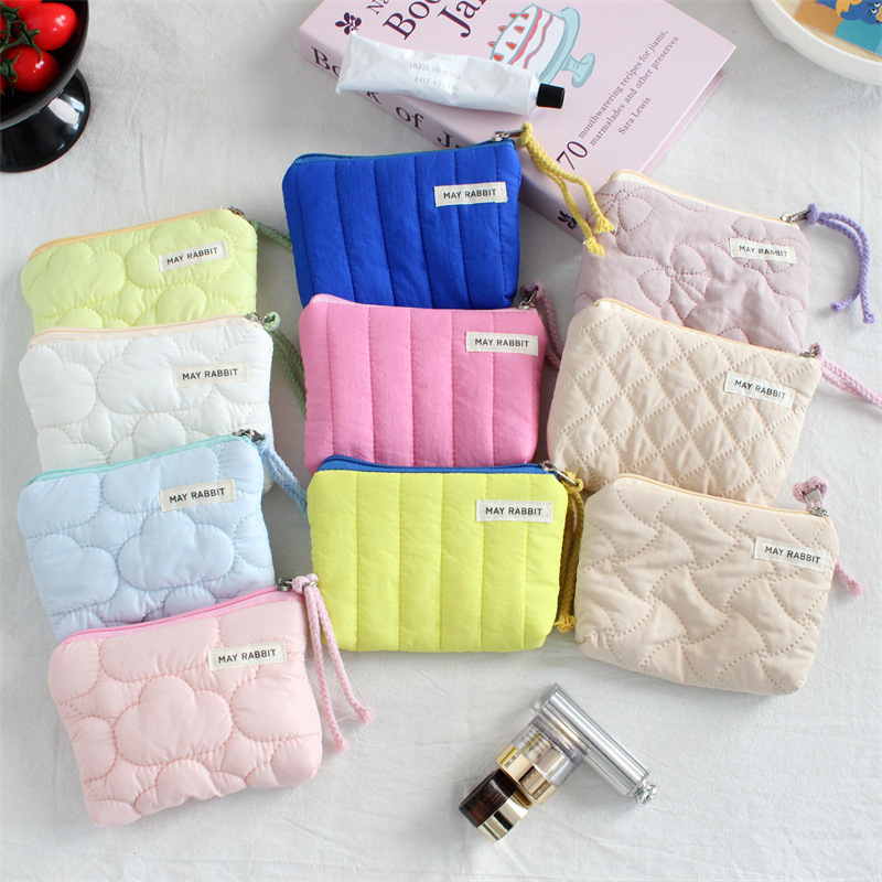 New Quilted Coin Purse Women's Portable Mini Cosmetics Bag Candy Color Fabric Zipper Liner Bag Hand Lipstick Bag