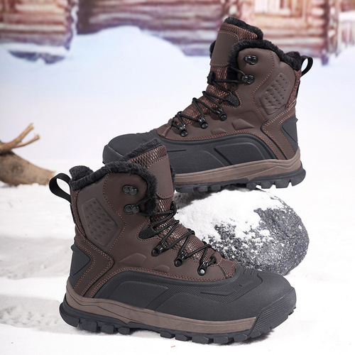 Winter European and American fashionable high-top hiking boots, men's outdoor leather waterproof cotton shoes, large size, high-quality snow boots