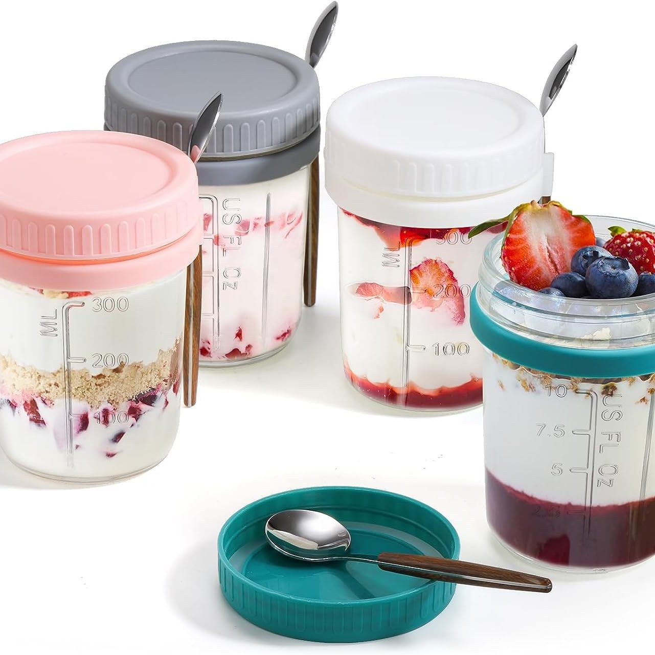 Overnight Oatmeal Mason Jar Yogurt 12oz Breakfast Cup Milk Glass Cup with Spoon and Lid Measuring Salad Cup