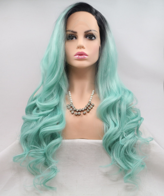 seda de alta temperatura media peluca tejida a mano cubierta de cabello estilo de moda europea y americana onda verde larga rizada de encaje LW0280