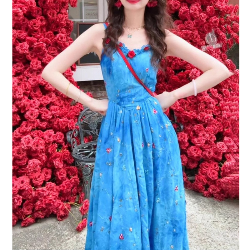 Fashion New Blue Spaghetti Strap Dress for Women, Summer Waist-Cinching Floral Elegant French Slim Long Dress Versatile Trendy
