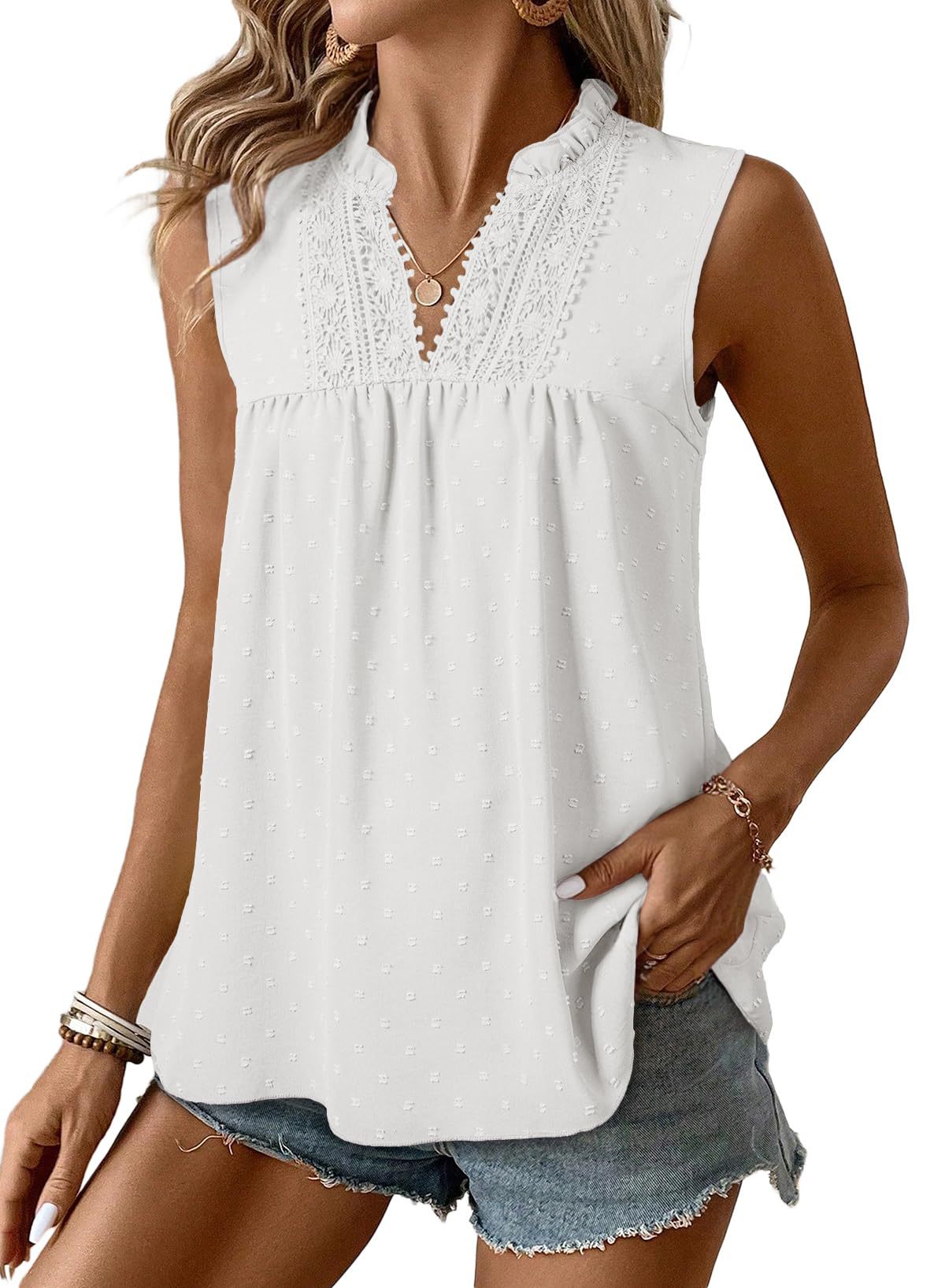Women's Swiss Dot Lace Trim Sleeveless V-Neck Blouse, Relaxed Fit Breathable Top For Casual & Office Wear_ecoleips.com
