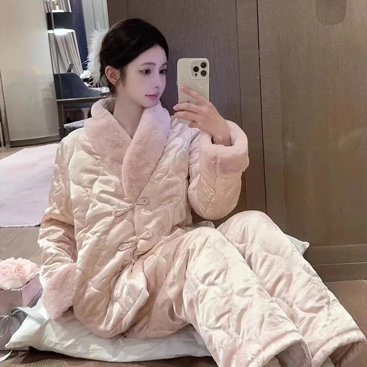 新中式复古国风毛领珊瑚绒睡衣女冬季加绒加厚保暖家居服大码套装|undefined