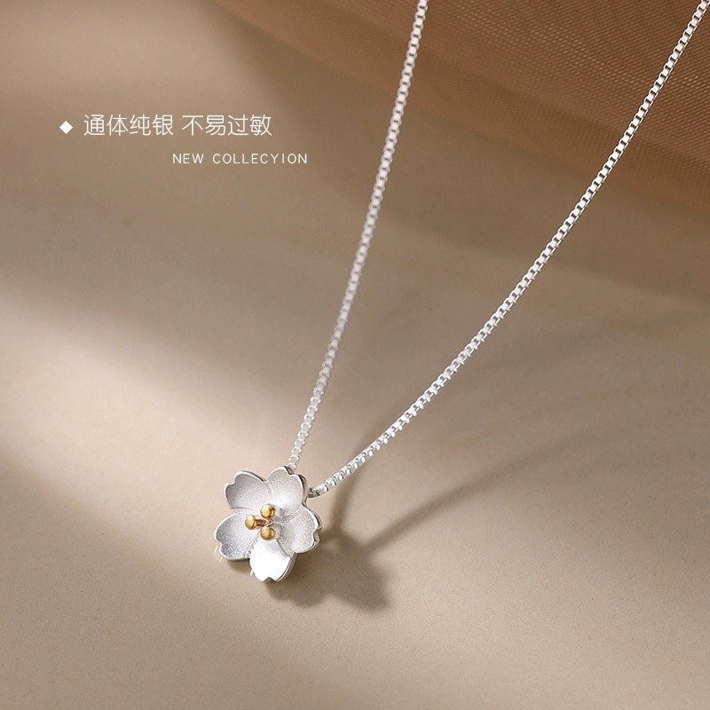 s925纯银日系个性花朵锁骨链潮ins气质简约樱花项链饰品批发混批