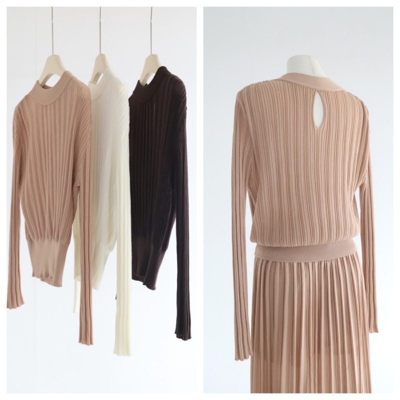 French-style pleated shoulder, double-layer collar, hollowed-out, reversible front and back, long-sleeved, pleated, waist-cinching Lyocell Tencel knit top