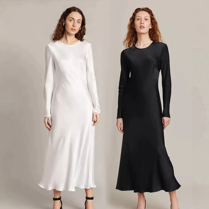 Acetate satin long-sleeve dress for women, minimalist style, mid-length, slim-fit, waist-cinching, elegant and slimming A-line dress Acetate satin long-sleeve dress for women, minimalist style, mid-length, slim-fit, waist-cinching, elegant and slimming A-line dress