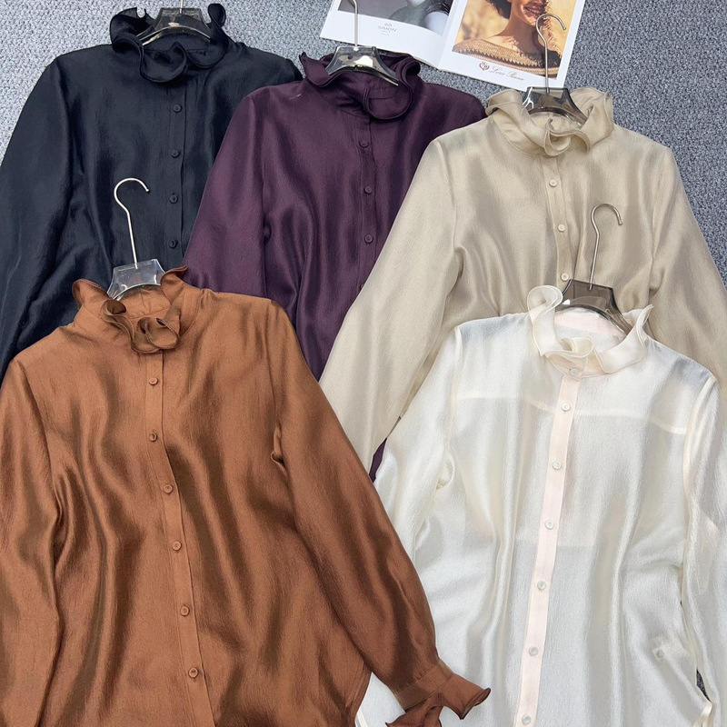 Five-color rayon blend floral lace collar loose single-breasted slightly sheer stylish autumn long-sleeve women's shirt Five-color rayon blend floral lace collar loose single-breasted slightly sheer stylish autumn long-sleeve women's shirt