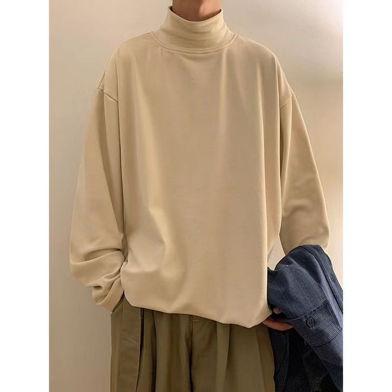 Cross-border autumn and winter German wool long-sleeved T-shirt for men, loose casual, literary retro Hong Kong style, half-high collar, warm inner layer.