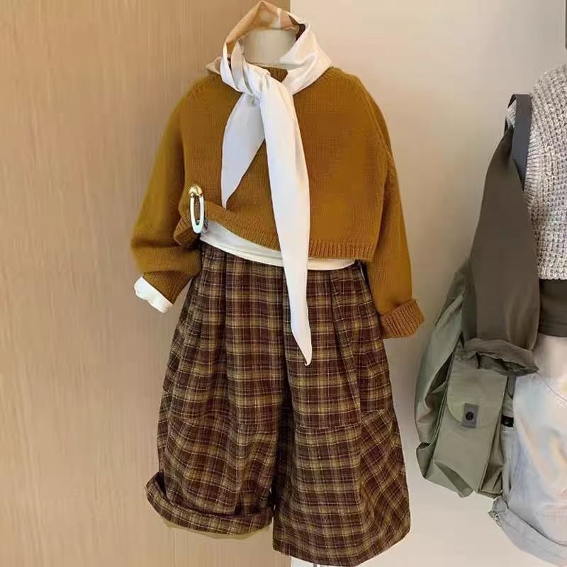 韩版男女童套装2025新款秋季洋气宝宝时髦针织衫格子休闲裤两件套|undefined