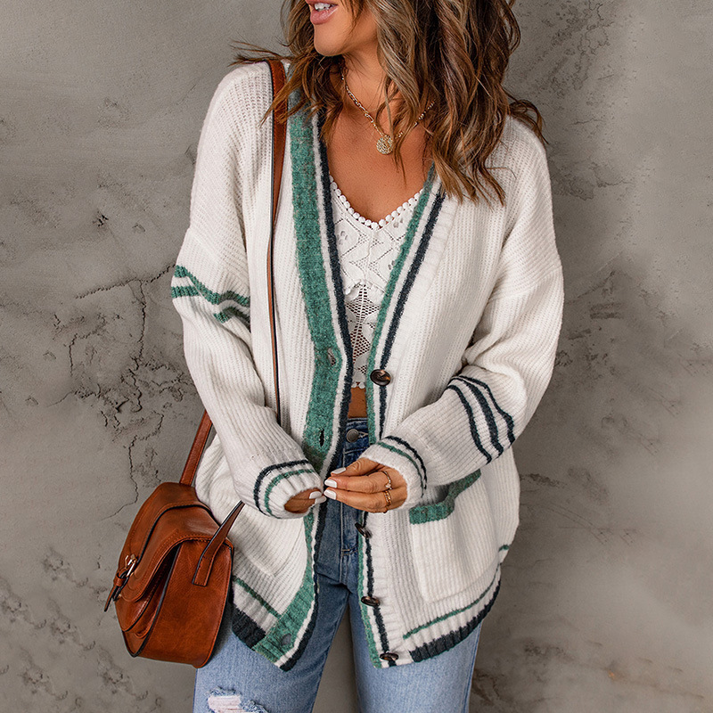 Online sweater foreign trade Women's Spring and Autumn New striped contrast long sleeve cardigan coat sweater women a wholesale Online sweater foreign trade Women's Spring and Autumn New striped contrast long sleeve cardigan coat sweater women a wholesale