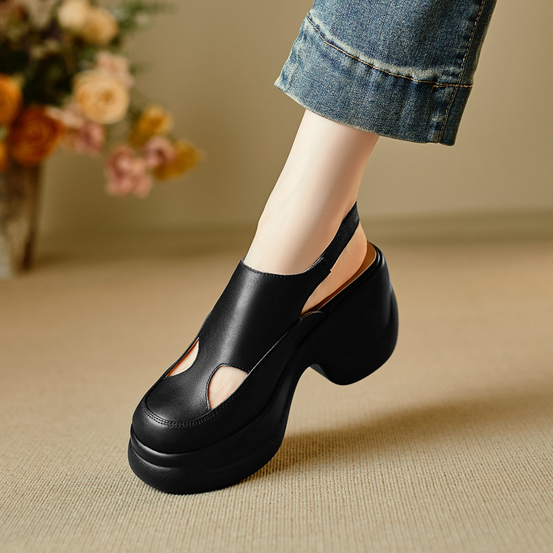 Sandal nữ cao gót đế xuồng platform mũi kín phong cách La Mã, gót 9.5 cm — màu đen, màu trắng