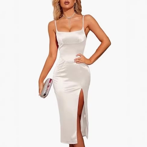 Women's Sexy Thigh-High Slit Dress with Square Neck, Satin Spaghetti Straps, Mid-Length Dress, Amazon Strap Dress